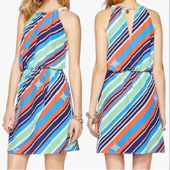 Lilly Pulitzer Kennett Silk Halter Dress in Multi Overboard Stripe Sz XS - Picture 1 of 7